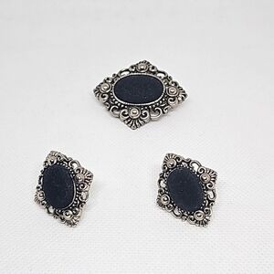 Vintage Nony New York Ornate Silver and Black Earrings and Brooch set, unsigned